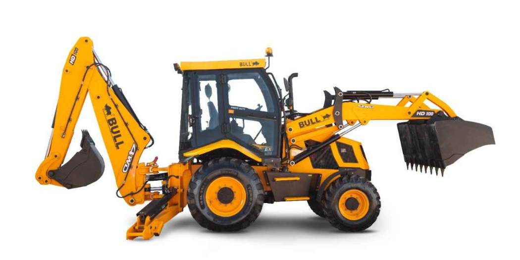 Retroescavadeira Bull HD96 visao lateral Tracbel apresenta máquinas Volvo, SDLG e Bull e seu amplo portifólio para obras de infraestrutura